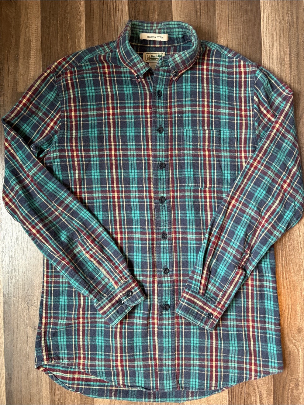 L.L. Bean Teal and Burgundy Plaid Cotton Button-Down Shirt